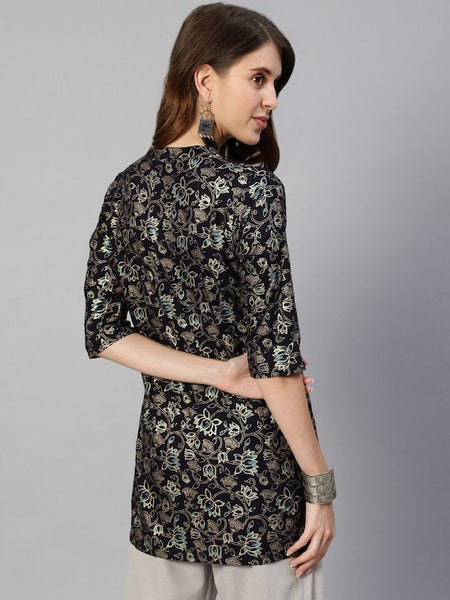 Navy Blue And Gold Ethnic Motifs Foil Printed Kurti VitansEthnics