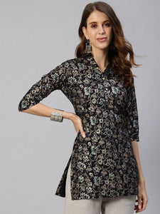Navy Blue And Gold Ethnic Motifs Foil Printed Kurti VitansEthnics