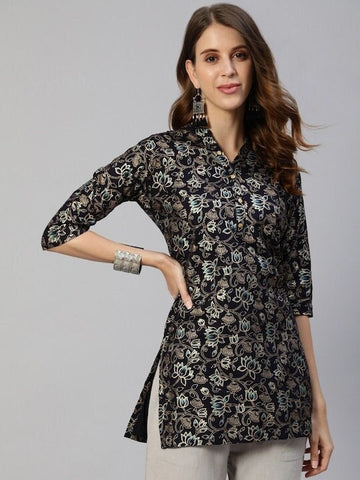 Navy Blue And Gold Ethnic Motifs Foil Printed Kurti VitansEthnics