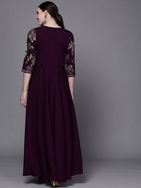 Burgundy Floral Fit & Flare Ethnic Maxi Dress, Attached Jacket Dress VitansEthnics