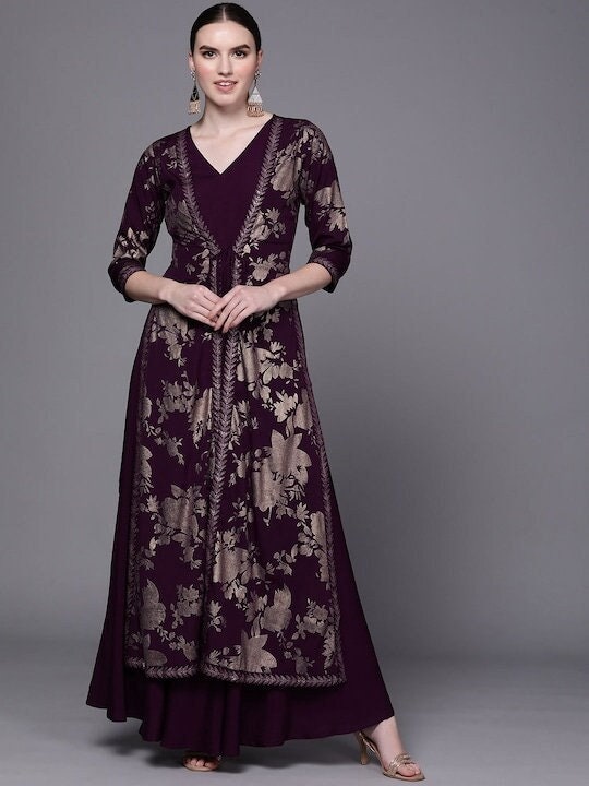 Burgundy Floral Fit & Flare Ethnic Maxi Dress, Attached Jacket Dress VitansEthnics