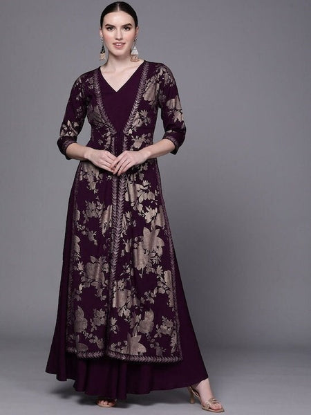 Burgundy Floral Fit & Flare Ethnic Maxi Dress, Attached Jacket Dress VitansEthnics
