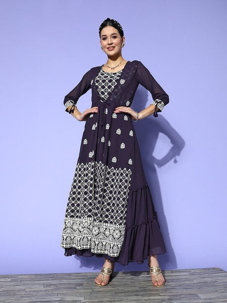 Women Embroidered Layered Georgette Ethnic Gown, Attached Jacket Dress, Indo Western Dress, Indian Gown, Indian suit set, Wedding Wear VitansEthnics