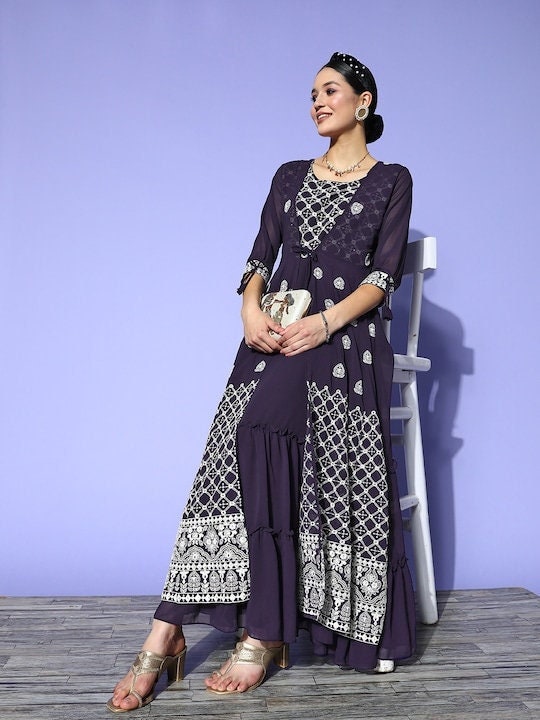Women Embroidered Layered Georgette Ethnic Gown, Attached Jacket Dress, Indo Western Dress, Indian Gown, Indian suit set, Wedding Wear VitansEthnics