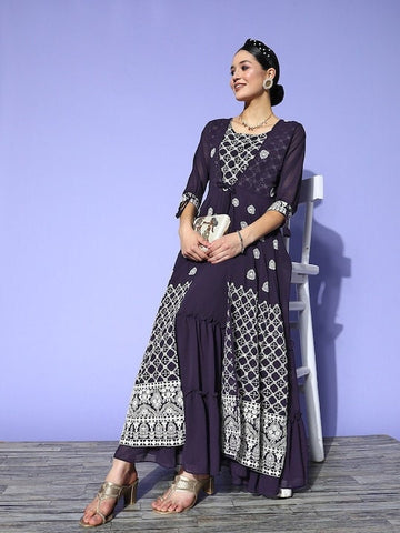 Women Embroidered Layered Georgette Ethnic Gown, Attached Jacket Dress, Indo Western Dress, Indian Gown, Indian suit set, Wedding Wear VitansEthnics