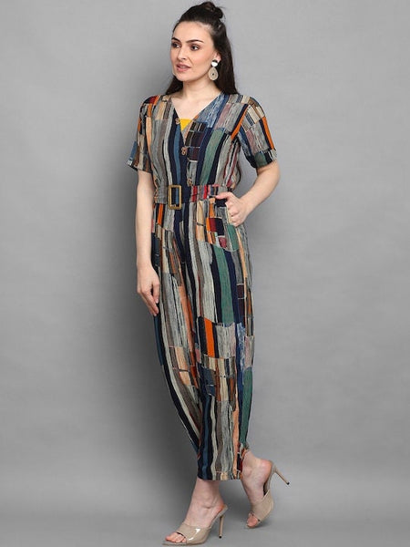 Women Abstract Printed Jumpsuit With Belt, Indian Jumpsuit For Women, Dress For Women, Indo Western Dress, Indian Dress, Fusion Outfit VitansEthnics