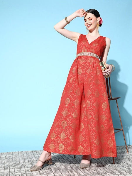 Women Brocade Jumpsuit With Embellished Belt VitansEthnics