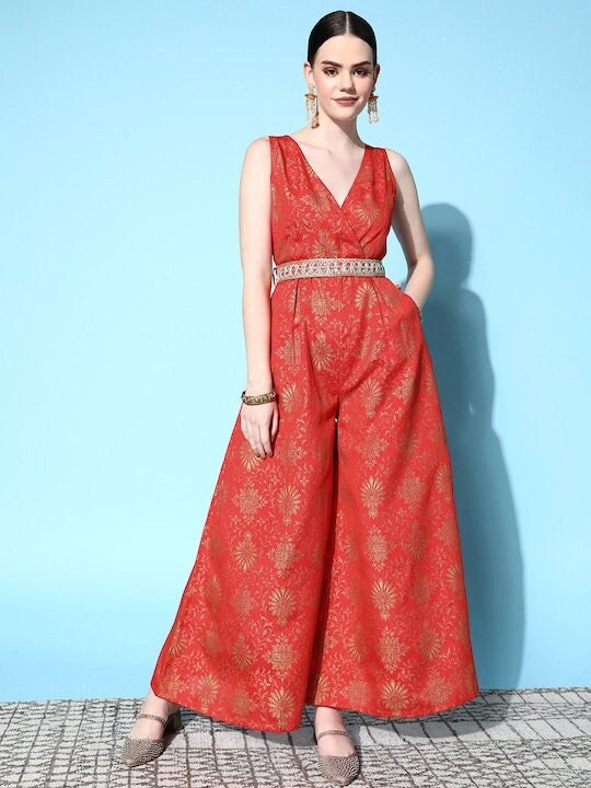 Women Brocade Jumpsuit With Embellished Belt VitansEthnics