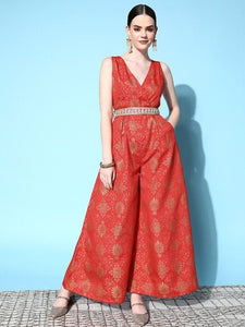 Women Brocade Jumpsuit With Embellished Belt VitansEthnics