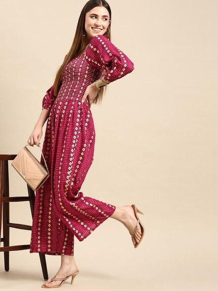 Magenta & Navy Blue Geometric Printed Smocked Jumpsuit VitansEthnics