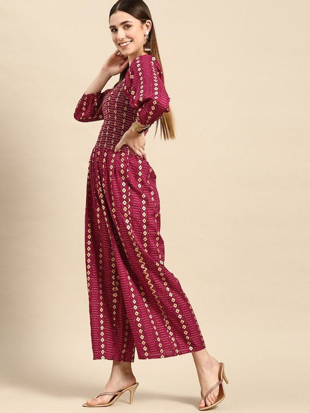 Magenta & Navy Blue Geometric Printed Smocked Jumpsuit VitansEthnics