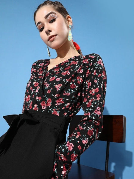 Floral Black Printed Elevated Bottom Jumpsuit VitansEthnics