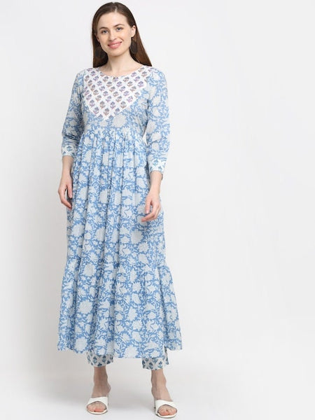 Blue Floral Cotton Anarkali Kurta with Trouser Set VitansEthnics