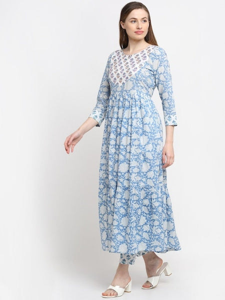 Blue Floral Cotton Anarkali Kurta with Trouser Set VitansEthnics