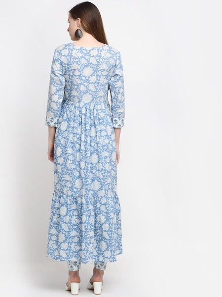 Blue Floral Cotton Anarkali Kurta with Trouser Set VitansEthnics