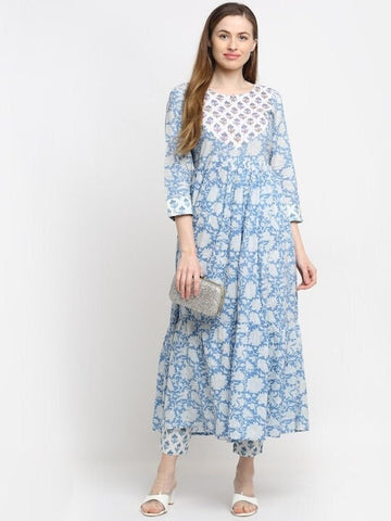 Blue Floral Cotton Anarkali Kurta with Trouser Set VitansEthnics