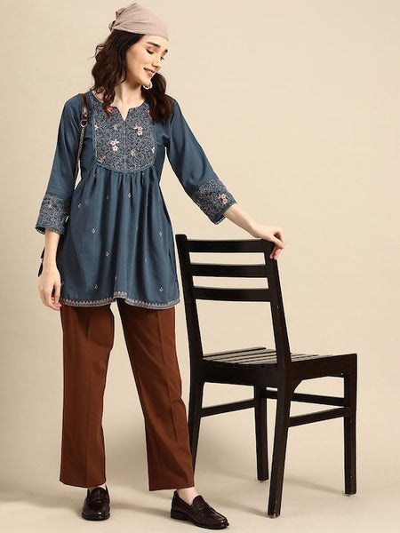 Indian Teal Blue Embroidered Longline Top VitansEthnics