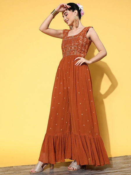 Designer Indian Deep Back Rust Embroidered Jumpsuit For Women, Indo-Western Dress, Party Wear Indian Outfit, Dresses For Women, Wedding Wear VitansEthnics