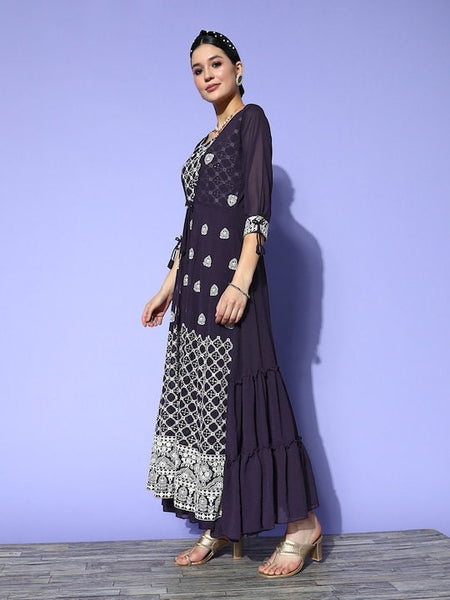 Women Embroidered Layered Georgette Ethnic Gown, Attached Jacket Dress, Indo Western Dress, Indian Gown, Indian suit set, Wedding Wear VitansEthnics