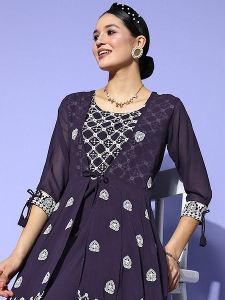 Women Embroidered Layered Georgette Ethnic Gown, Attached Jacket Dress, Indo Western Dress, Indian Gown, Indian suit set, Wedding Wear VitansEthnics