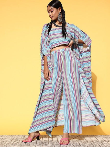 Women Striped Crop Top With Palazzo Pants And Long Jacket, Indo Western Ethnic Set for women, designer georgette party wear suit for her VitansEthnics