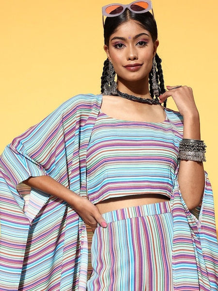 Women Striped Crop Top With Palazzo Pants And Long Jacket, Indo Western Ethnic Set for women, designer georgette party wear suit for her VitansEthnics