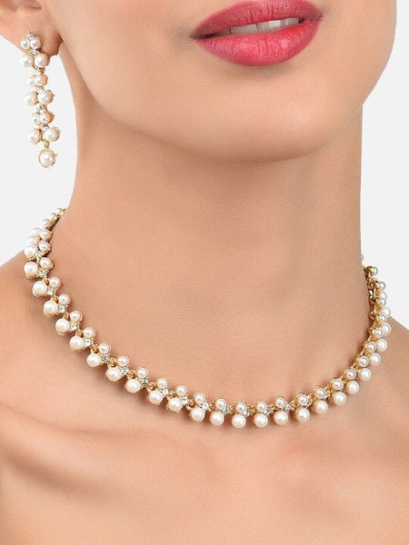 Gold-Toned & White Contemporary Pearls Studded Jewellery Set VitansEthnics