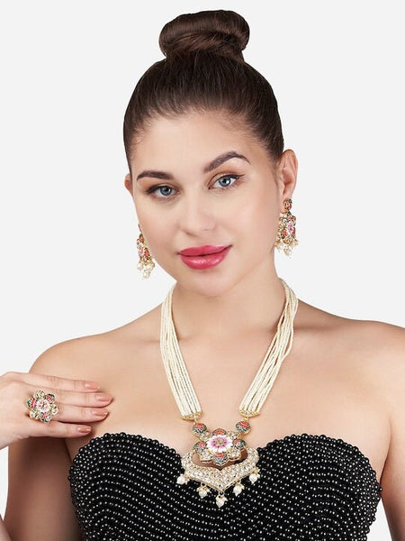 Multi-Colored Gold Plated Kundan Studded Long Jewellery Set VitansEthnics
