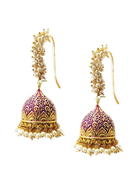 Gold-Toned & Pink Meenakari Enamel Pearls Ethnic Jhumka Earrings VitansEthnics