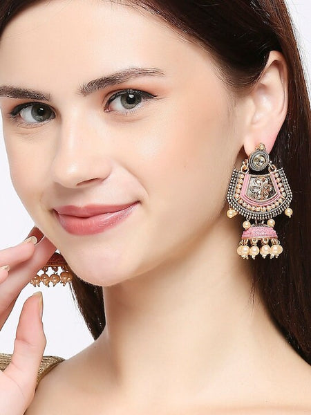 Pink Meenakari Kundan & Pearl Floral Ethnic Drop Jhumka Earrings VitansEthnics