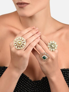Set Of 3 Gold Plated White & Green Kundan Studded Beaded Meenakari Finger Rings, Indian Rings Set For Women, Wedding Ring, Ethnic Jewelry VitansEthnics