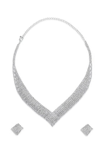 Elegant Rhodium-Plated Silver-Toned & White Crystal-Studded Jewellery Set, Necklace With Earrings Set, Bollywood Jewelry Set VitansEthnics