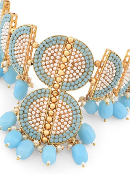 Gold Plated Turquoise Blue Beaded Jewellery Set, Indian Necklace Earrings Maang Tikka And Ring Set, Bollywood Jewelry Set VitansEthnics