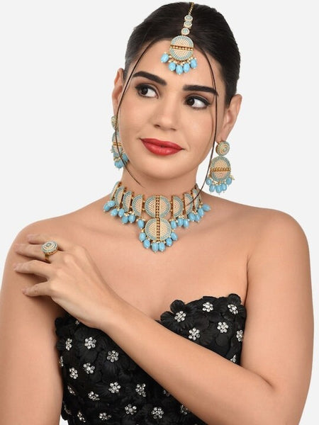 Gold Plated Turquoise Blue Beaded Jewellery Set, Indian Necklace Earrings Maang Tikka And Ring Set, Bollywood Jewelry Set VitansEthnics
