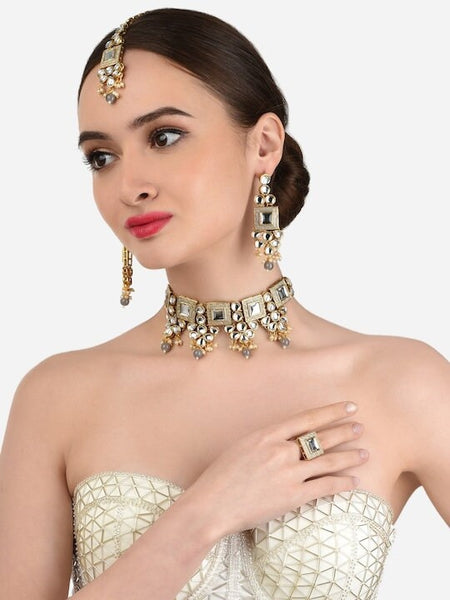 Gold Plated Grey & White Kundan Studded Pearl Beaded Jewellery Set, Indian Necklace Earrings Maangtikka And Ring Set, Bollywood Jewelry Set VitansEthnics