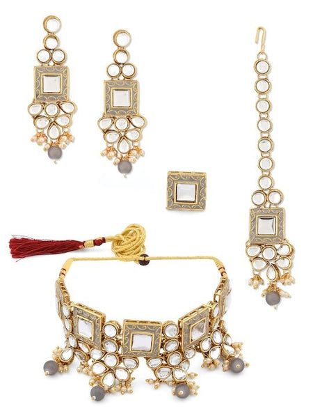 Gold Plated Grey & White Kundan Studded Pearl Beaded Jewellery Set, Indian Necklace Earrings Maangtikka And Ring Set, Bollywood Jewelry Set VitansEthnics