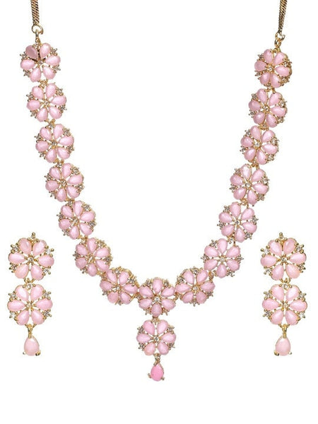 Gold Plated Pink AD Studded Floral Jewellery Set, Indian Necklace With Earrings Set, Bollywood Jewelry Set VitansEthnics