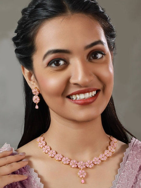 Gold Plated Pink AD Studded Floral Jewellery Set, Indian Necklace With Earrings Set, Bollywood Jewelry Set VitansEthnics