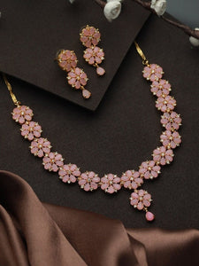 Gold Plated Pink AD Studded Floral Jewellery Set, Indian Necklace With Earrings Set, Bollywood Jewelry Set VitansEthnics