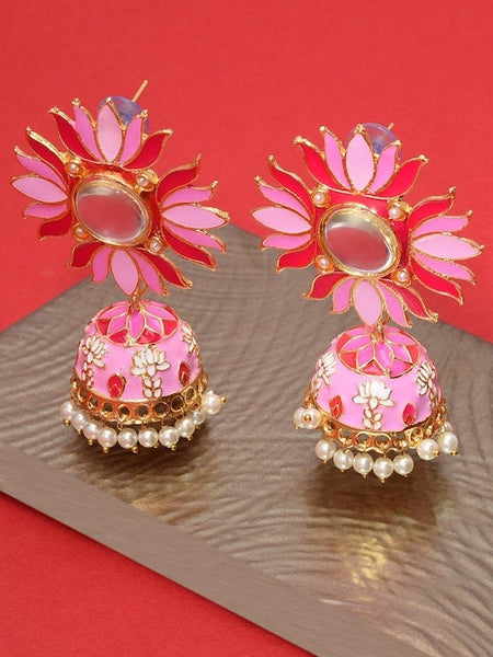 Pink Gold Plated Meenakari Earrings, Indian Earrings For Women, Dangle Earrings, Bollywood Jewellery, Pearl Earrings, Lotus Earrings Set VitansEthnics