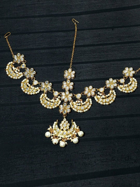 Gold Plated White Kundan Pearl Beaded Handcrafted Matha Patti, Matha Patti Headband For Women, Alia Bhatt Style Matha patti, Hair Jewellery VitansEthnics