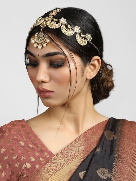 Gold Plated White Kundan Pearl Beaded Handcrafted Matha Patti, Matha Patti Headband For Women, Alia Bhatt Style Matha patti, Hair Jewellery VitansEthnics