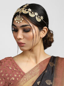 Gold Plated White Kundan Pearl Beaded Handcrafted Matha Patti, Matha Patti Headband For Women, Alia Bhatt Style Matha patti, Hair Jewellery VitansEthnics