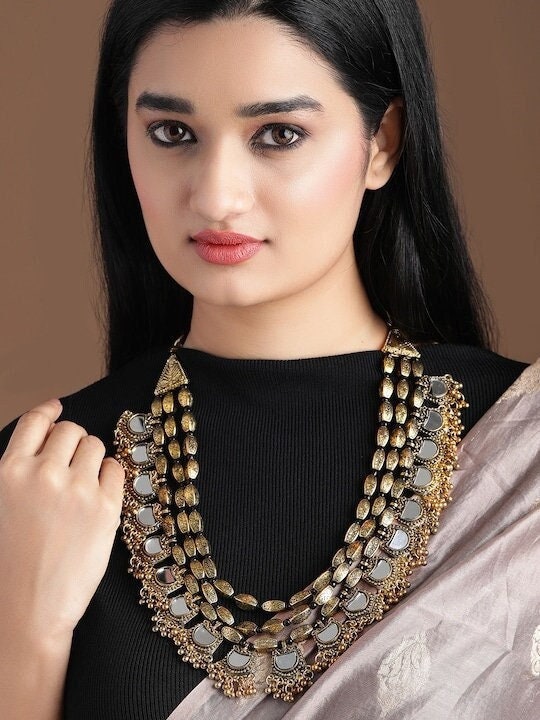 Silver & Gold-Toned Oxidised Alloy Handcrafted Necklace, Indian Necklace, Bollywood Jewelry Set, Contemporary Layered Necklace VitansEthnics