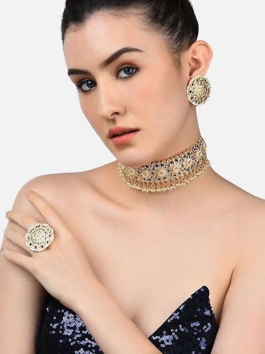 Gold Plated White Kundan & Pearl Beaded Jewellery Set, Indian Necklace With Earrings And Ring Set, Bollywood Jewelry Set, Choker For Women VitansEthnics