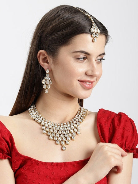 Gold-Toned Traditional Jewellery Set, Indian Necklace Earrings Maangtikka Set, Bollywood Jewelry Set, Kundan jewellery Set VitansEthnics
