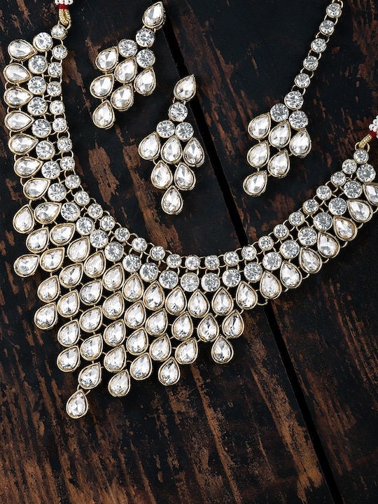 Gold-Toned Traditional Jewellery Set, Indian Necklace Earrings Maangtikka Set, Bollywood Jewelry Set, Kundan jewellery Set VitansEthnics