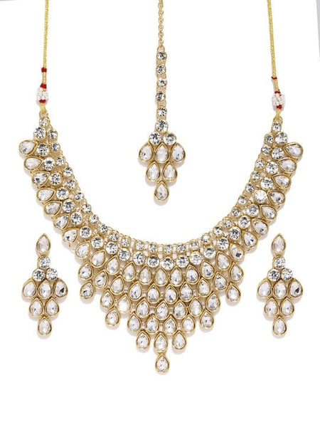 Gold-Toned Traditional Jewellery Set, Indian Necklace Earrings Maangtikka Set, Bollywood Jewelry Set, Kundan jewellery Set VitansEthnics