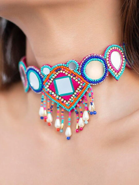 Multicolored Mirror Work Beaded Choker Necklace VitansEthnics