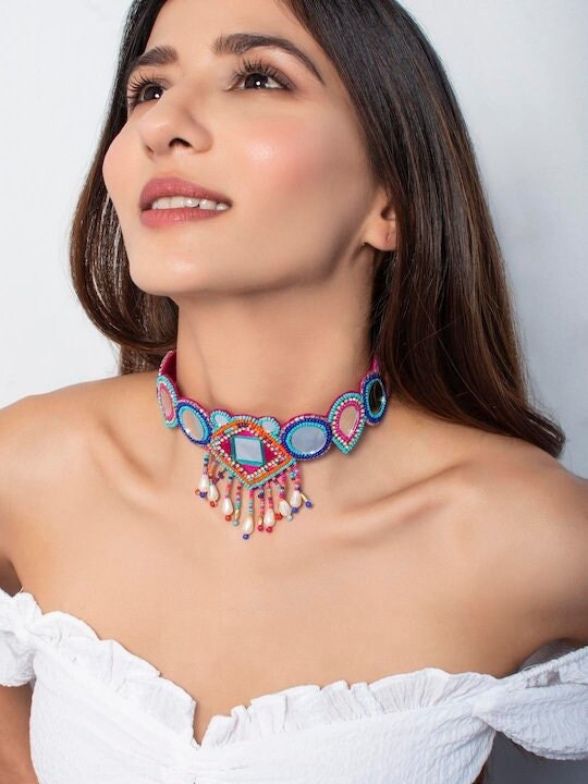 Multicolored Mirror Work Beaded Choker Necklace VitansEthnics